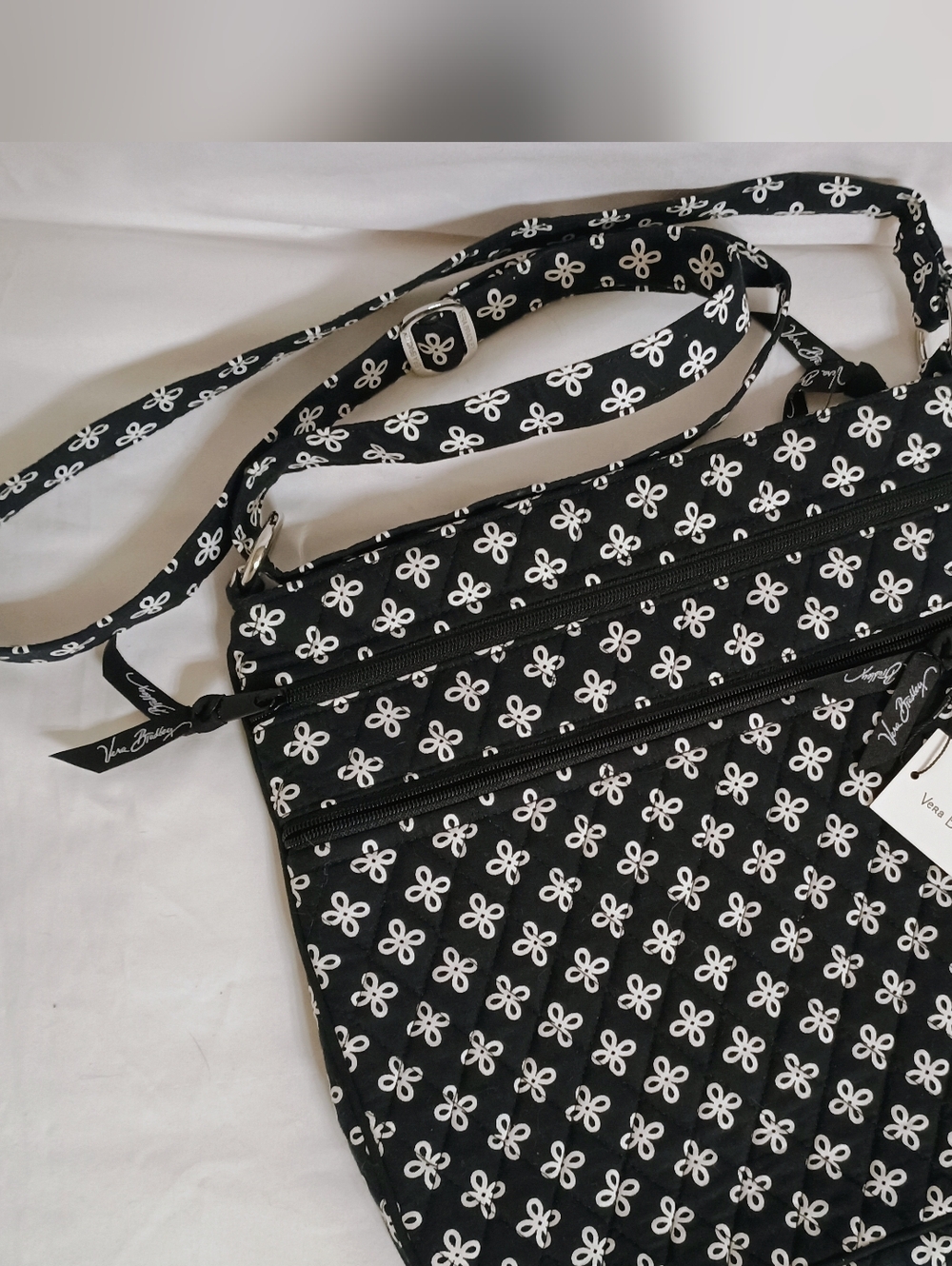 Vera Bradley Black and White Floral Triple Zip Hipster Crossbody Bag